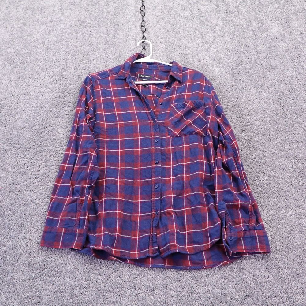 Express Boyfriend Shirt Womens Medium Blue Red Plaid Flannel Button Up